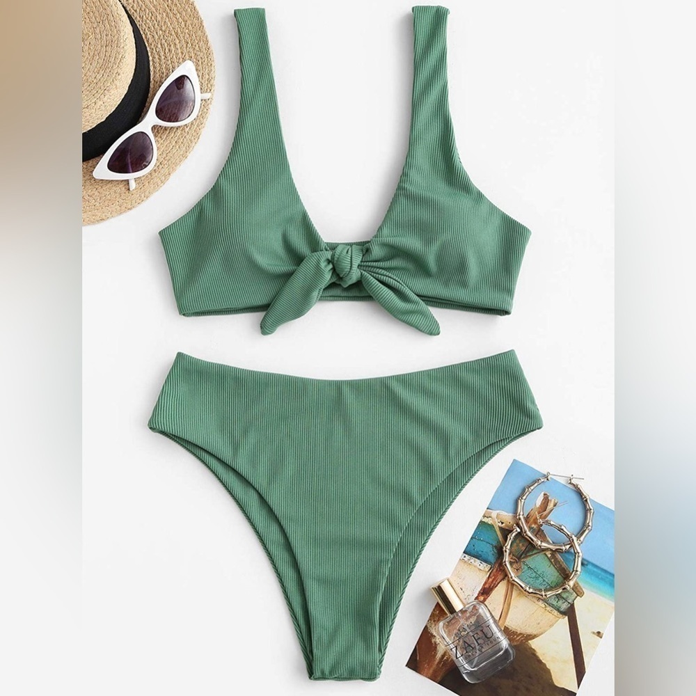 Zaful Ribbed Tie-Front Bikini With Midrise Cheeky Bottom In Green Size M